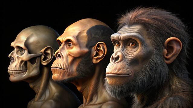 Illustration of human evolution sequence featuring monkey, ape, early human, and modern human skulls in progressive chronological order.