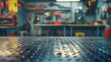 Obraz premium An empty metal table with blurred automotive tools and parts in the background, ideal for promoting automotive products.