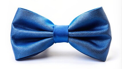 Stylish blue bow tie standing upright on a clean white background, perfectly isolated with crisp edges and transparent surroundings.
