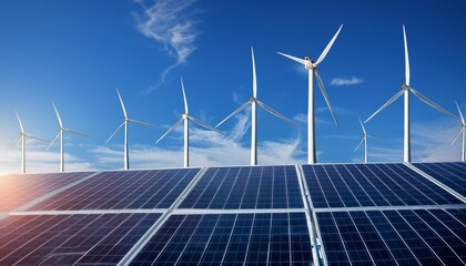 A renewable energy farm with wind turbines and solar panels harnessing wind and solar power