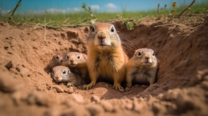 Fototapeta premium Curious Prairie Dogs Peeking Out of Their Burrow