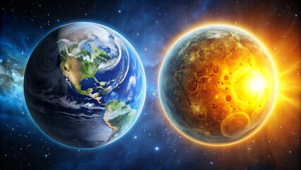 Obraz premium Contrasting illustrations of flat earth with sun and moon in space versus spherical earth with atmospheric glow and celestial bodies.