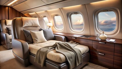 Luxurious airplane cabin seats empty with soft blankets, pillows, and closed window shades inviting relaxation in elite travel atmosphere.