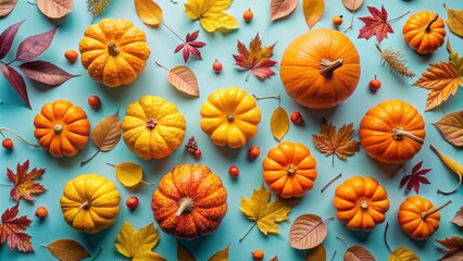 Vibrant orange and yellow pumpkins scattered across soft pink and blue background, surrounded by fall leaves and twigs, evoking autumn essence.