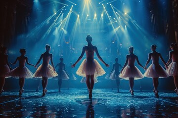 A group of graceful ballet dancers in elegant tutus performing under dramatic blue stage lights,...