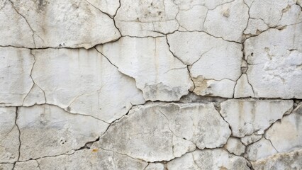 Obraz premium Weathered white stone marble concrete wall with scratches, cracks, and worn-off paint revealing grey limestone texture beneath.