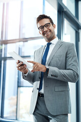Fototapeta premium Smile, businessman and portrait with tablet in workplace for networking, client communication and legal research. Paralegal, technology and online for case management, document review and drafting.