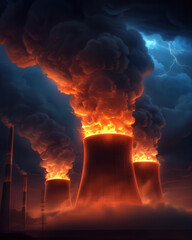 Fiery smoke billows from industrial cooling towers, creating a dramatic and ominous atmosphere against a stormy sky.