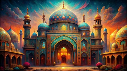 Obraz premium Intricate illustration of ancient eastern architecture with ornate patterns and vibrant colors, evoking a sense of fear and mystique.