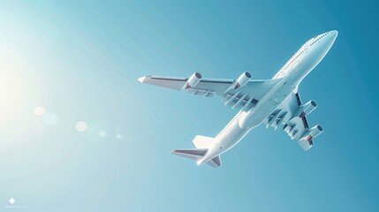 Obraz premium A sleek 3D illustration of an airplane soaring through a clear blue sky The airplane is meticulously designed with smooth curves and a modern aesthetic There is ample copy space around the airplane