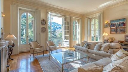 Contemporary living  bright apartment with wood floors and expansive windows for modern lifestyle