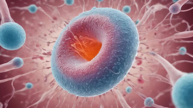 Macro view through a microscope of the process of in vitro fertilization of a female egg with a sperm cell in an IVF bowl in a laboratory. horizontally. , Generative AI