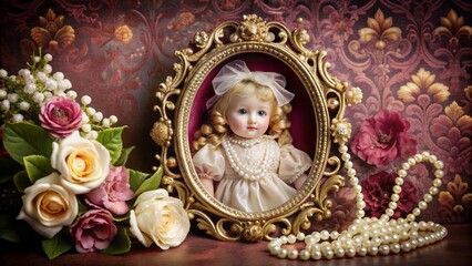 Obraz premium Vintage ornate golden frame holds delicate porcelain doll surrounded by lace, pearls, and flowers on a rich velvet background.