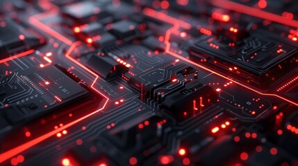 Obraz premium High-tech circuit board with glowing red lights creating an abstract technology background