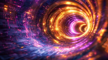 Obraz premium Futuristic tunnel with purple and orange lights creating a dynamic abstract technology background