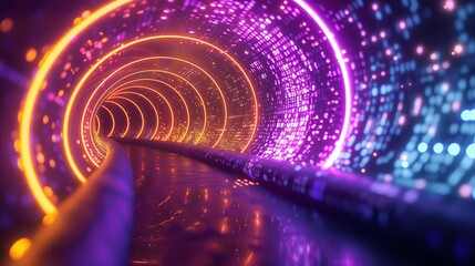 Futuristic tunnel with purple and orange lights creating an abstract technology background