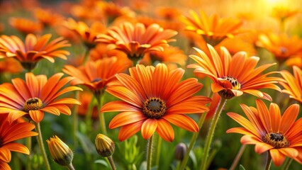 Vibrant orange daisies with delicate petals and golden centers bloom in a lush, sun-kissed African meadow, exuding warmth and serenity.
