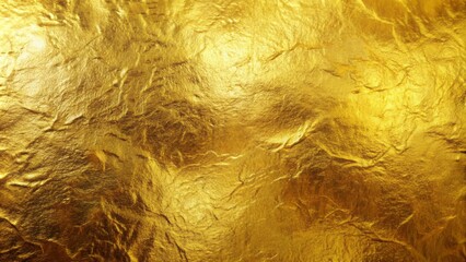 Luxurious gold foil texture background featuring highlights, uneven surface, and subtle wrinkles evoking opulence and sophistication in design.