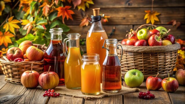 Autumn harvest delights showcased on a rustic wooden table, featuring fresh apple juice, cider, vinegar, preserves, and juice in bottles.