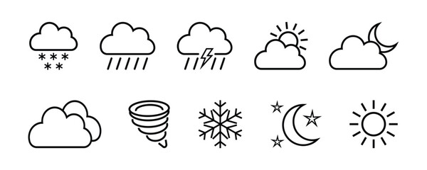weather icon set. simple line icon containing clouds, rain, storm, snow, sun, moon and more. weather forecast icons for app ui and website. transparent vector.