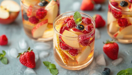Savor a mix of iced tea with apples, raspberries, blueberries, and mint for a delightful drink