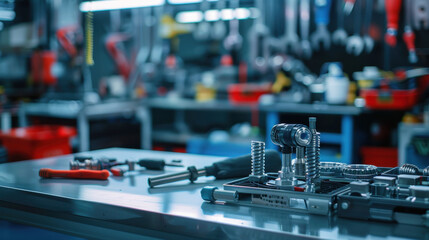 Blurred automotive tools and parts behind a clean metal table, ideal for showcasing car products.