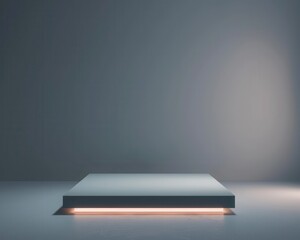 3D render of a square podium stand, minimalistic design, neon glow, isometric view, soft shadows, high detail