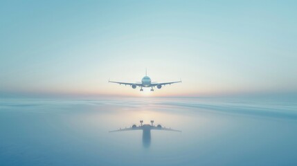 Fototapeta premium A minimalist 3D illustration of an airplane flying in a vast open sky The airplane is depicted with clean lines and a simple design emphasizing its form and structure The background features a