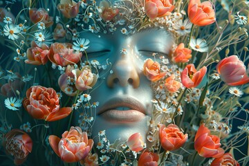 Naklejka premium Woman's Face Covered in Flowers With Eyes Closed. Generative AI