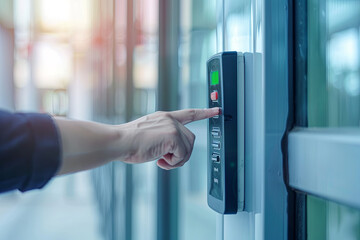 Proximity card door unlock, security man using fingerprint scan on ID card reader access control system
