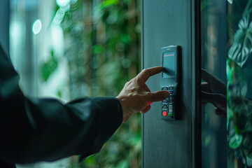 Proximity card door unlock, security man using fingerprint scan on ID card reader access control system