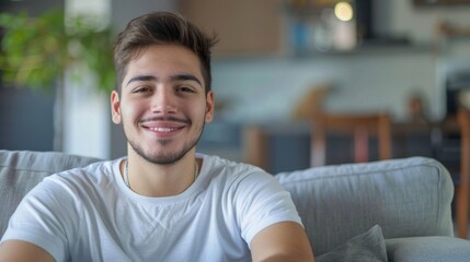 A young man is sitting on a couch with a smile on his face