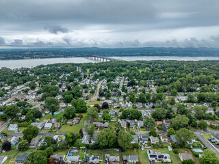 Aerial photo over Beacon, NY on a cloudy, overcast summer afternoon.