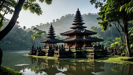 Naklejka premium A serene, misty morning scene with a traditional Balinese temple reflected in a calm lake.