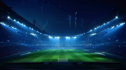 A stunning sports stadium at night, the green field illuminated by blue lights that twinkle like stars in the darkness, hosting a prestigious sports tournament.