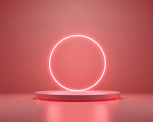 Minimalist square podium stand, neon accents, 3D render, modern and sleek, topdown view, soft studio lighting, high detail