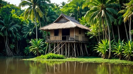 A traditional wooden hut sits on stilts over a tranquil lagoon, surrounded by lush palm trees and greenery.