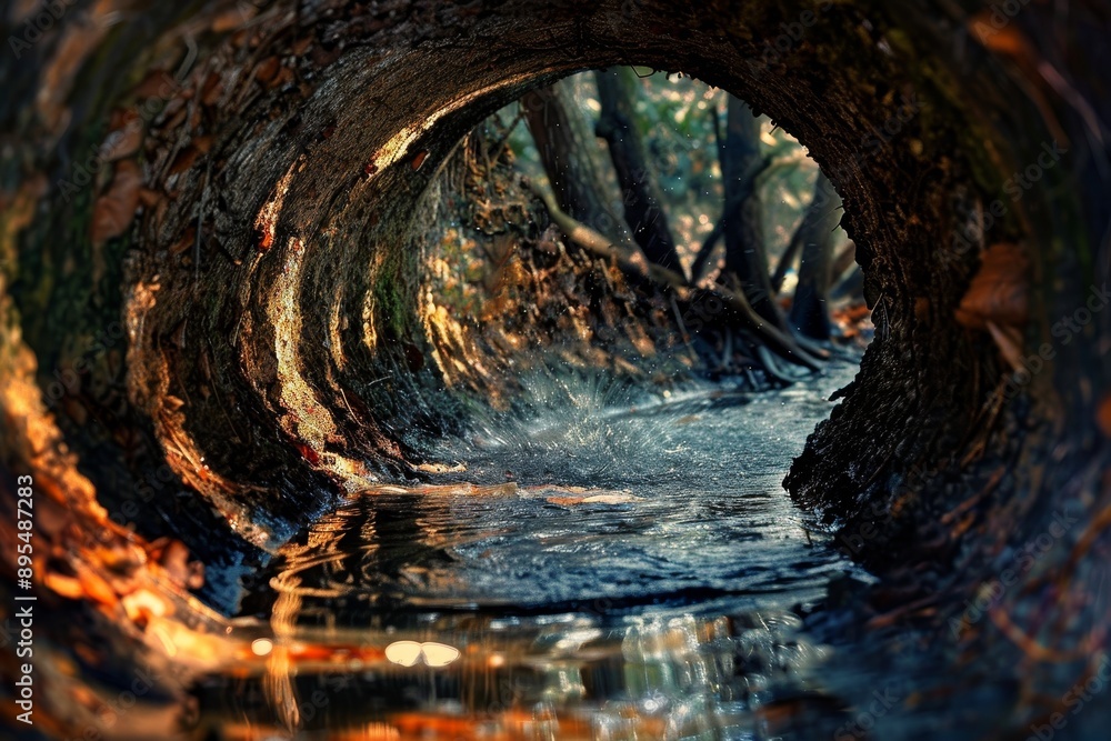 Poster a stream flows through a hollow log, creating a tunnel of light and mystery, symbolizing nature's be