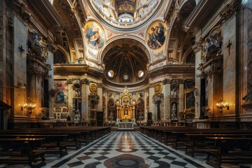 Obraz premium The image captures the grandeur of a baroque church interior, showcasing intricate details, ornate decorations, and a sense of awe-inspiring spirituality. The arched ceiling, marble floors, and religi