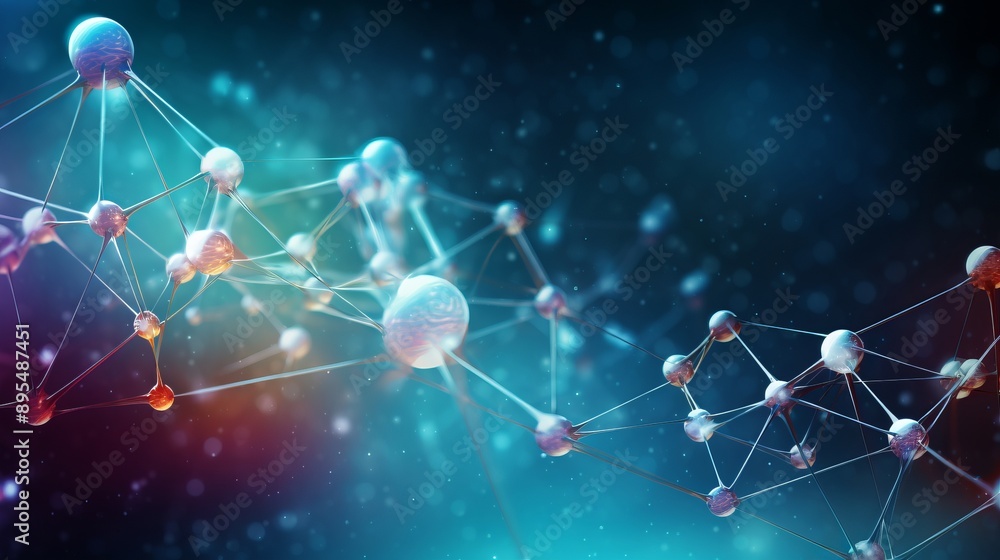 Poster abstract science and medical background featuring a complex molecular structure or atom model, ideal