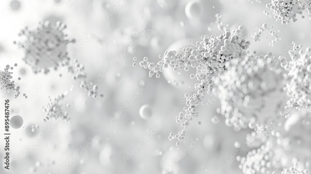 Poster abstract white molecules and atoms in close-up zoom: mutating design concept for science experiments