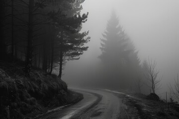 Obraz premium A solitary road curves through a dense forest shrouded in mist, creating an ethereal atmosphere. The tall trees on the left create a sense of mystery, while the fog adds a touch of tranquility. The ro