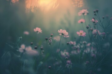 A field of pink flowers bathed in soft light, with the morning mist creating a hazy, dreamy atmosphere. The flowers symbolize beauty, fragility, and the passage of time.