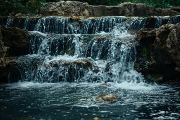 Obraz premium A serene waterfall flows over smooth rocks, creating a peaceful and refreshing ambiance. The cascading water symbolizes tranquility, rejuvenation, and the beauty of nature. The flowing water also repr
