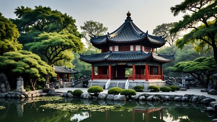 Obraz premium Tranquil Chinese pavilion with a pond and lush greenery.