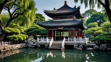 Naklejka premium Traditional Chinese pavilion reflecting in a pond, surrounded by lush greenery and trees.
