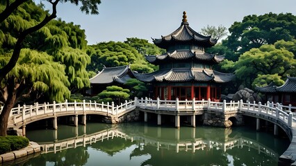 Fototapeta premium Traditional Chinese architecture with a bridge and pond.