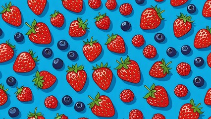 A seamless pattern of strawberries, raspberries, and blueberries on a blue background.