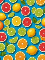 Fototapeta premium Citrus fruits pattern on blue background.