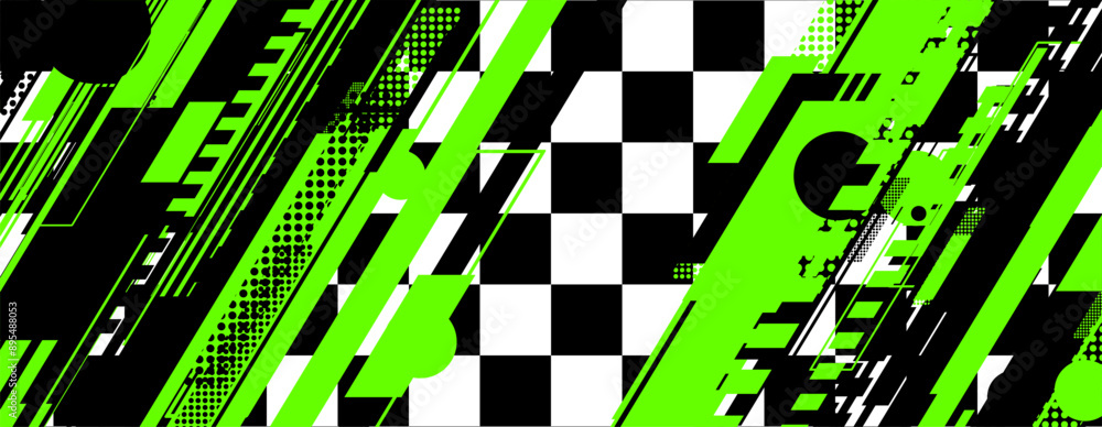Poster abstract green racing background with checkboard and lines